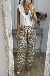 Cecilia Ethnic Print Tie Front Elastic Waist Wide Leg Pants